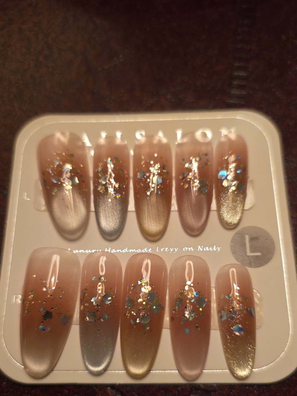 Handmade Nude Gradient Press-On Nails with Gold & Blue Glitter - Set of 10